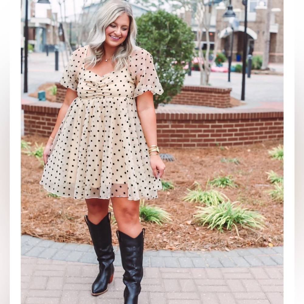 NWT Altar’d State Puff Sleeve Chiffon Polka Dot Babydolll Dress Holiday Small